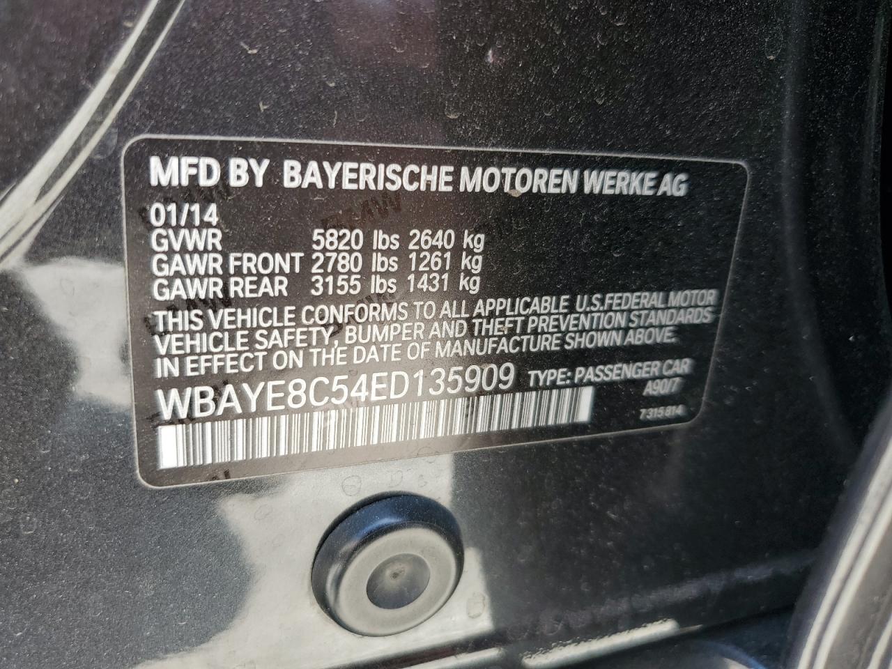 2014 BMW 750 Li VIN: WBAYE8C54ED135909 Lot: 69721525