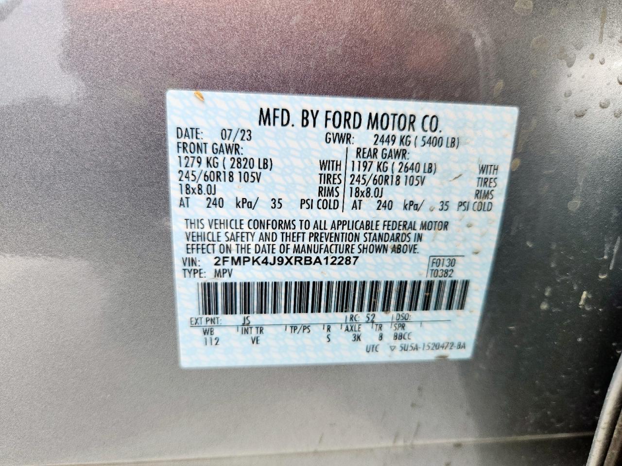 2024 Ford Edge Sel VIN: 2FMPK4J9XRBA12287 Lot: 70329655