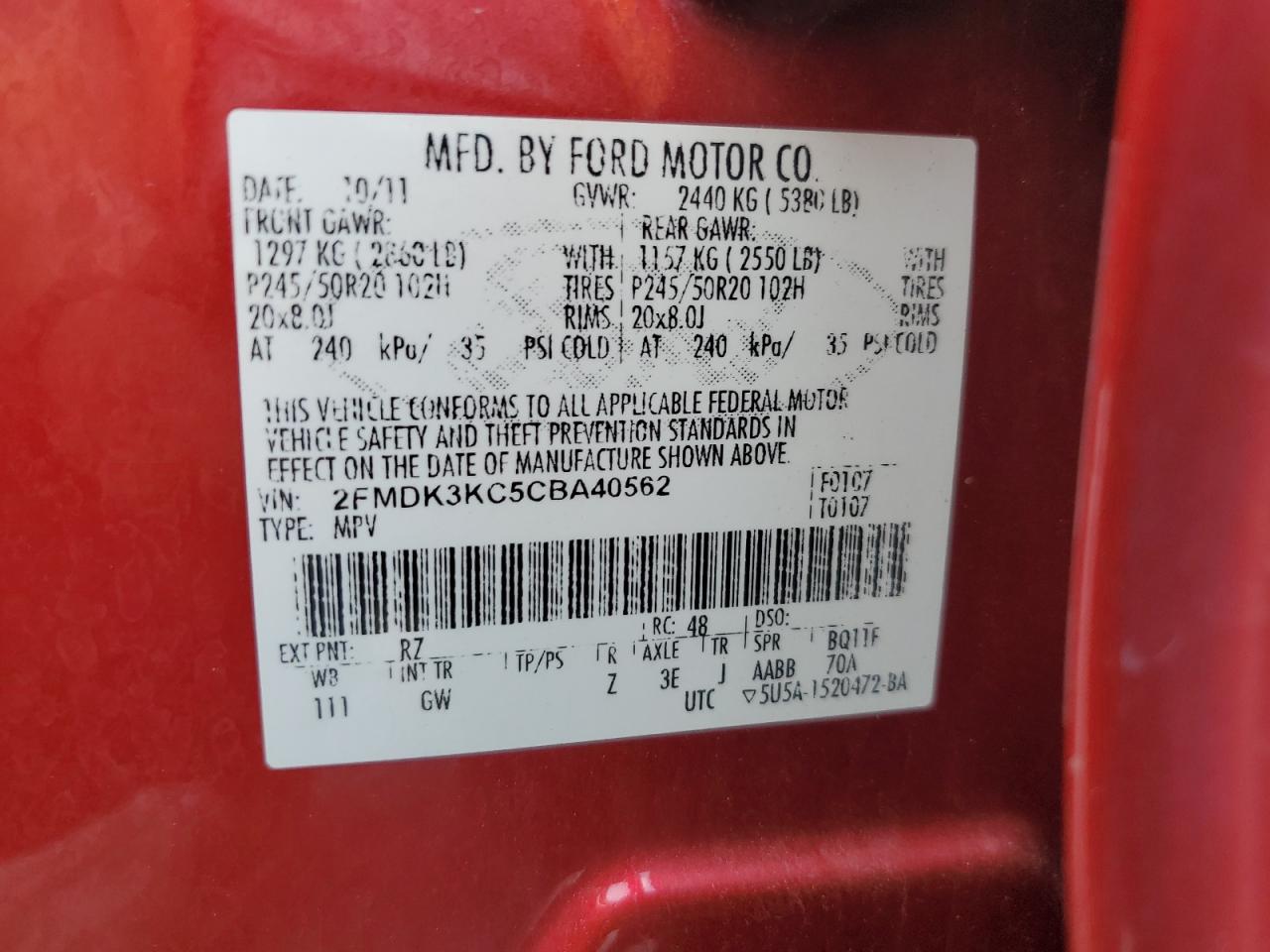 2012 Ford Edge Limited VIN: 2FMDK3KC5CBA40562 Lot: 68144975