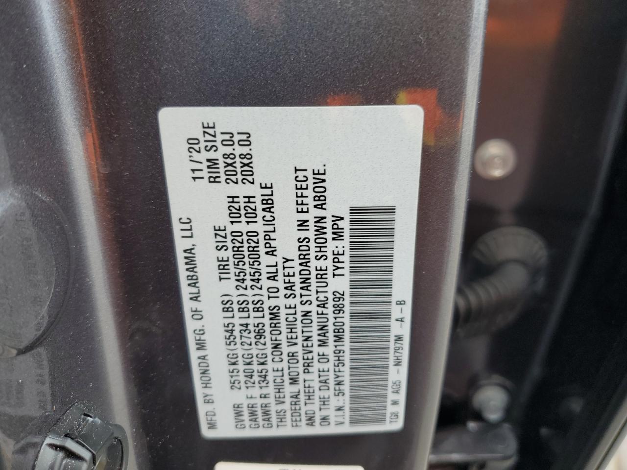 2021 Honda Pilot Touring VIN: 5FNYF5H91MB019892 Lot: 69335325