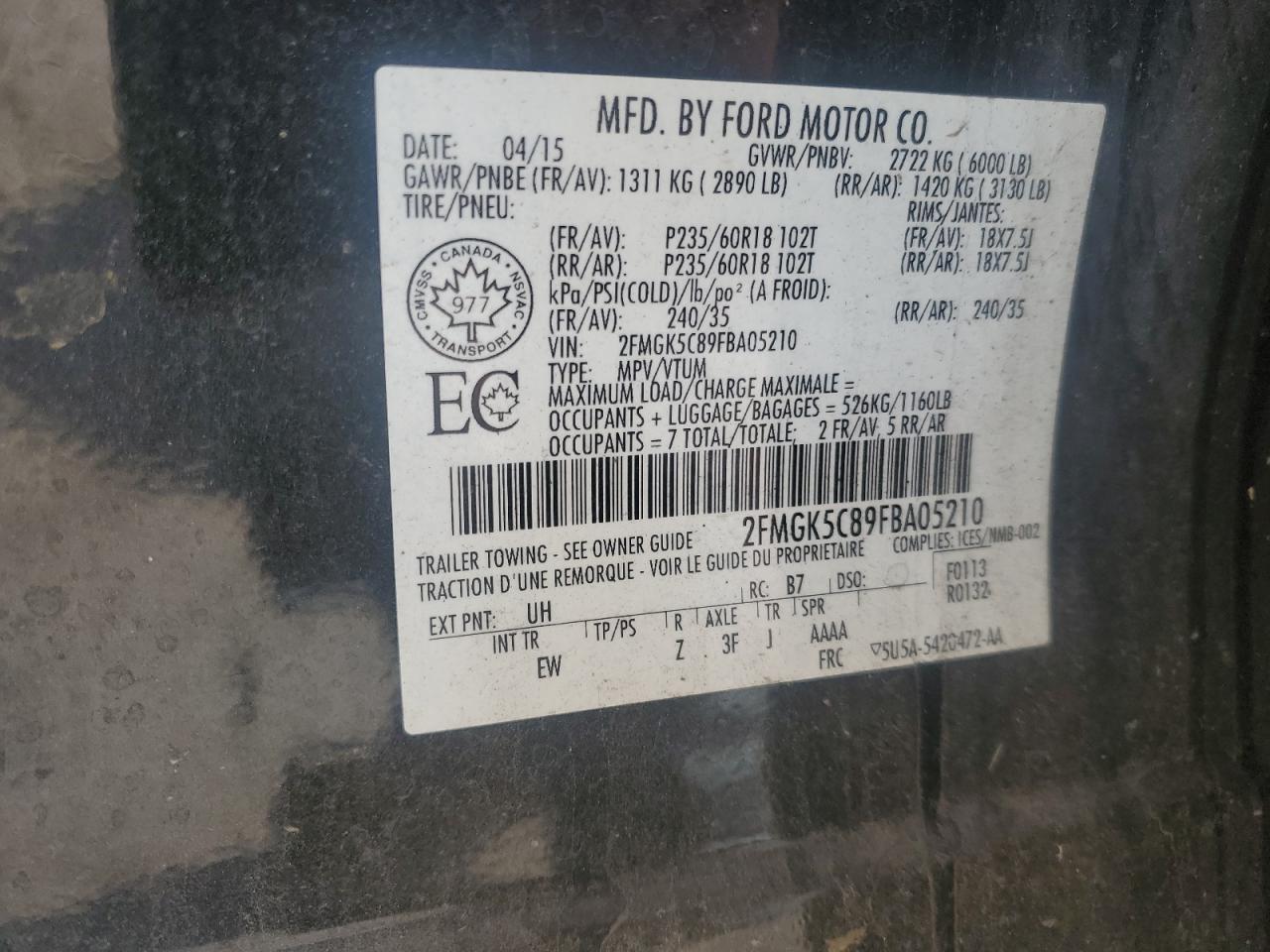 2015 Ford Flex Sel VIN: 2FMGK5C89FBA05210 Lot: 70595755