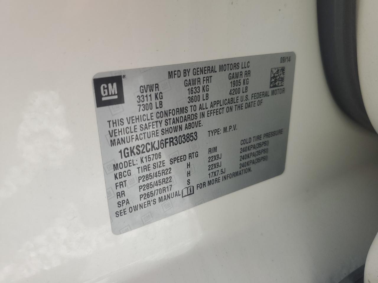 2015 GMC Yukon Denali VIN: 1GKS2CKJ6FR303853 Lot: 69172265