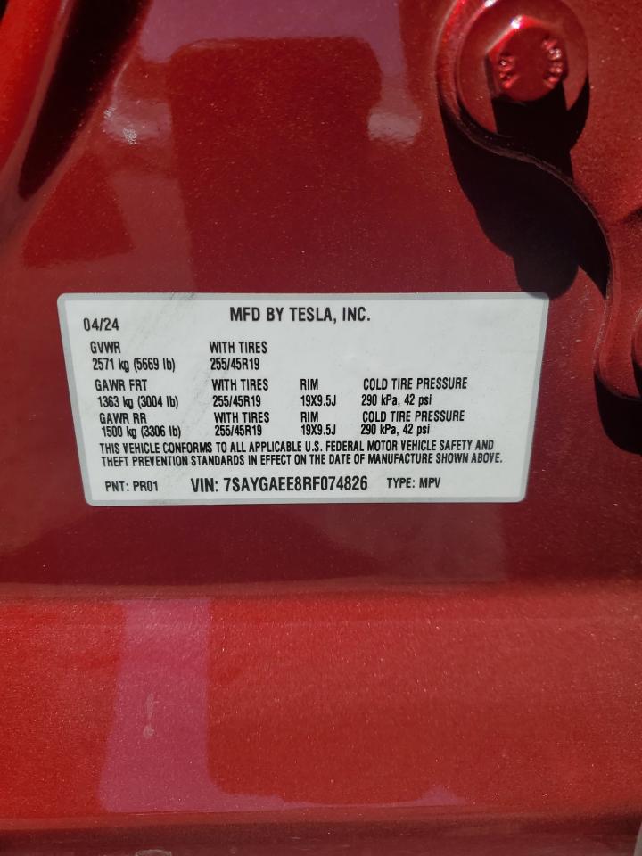 2024 Tesla Model Y VIN: 7SAYGAEE8RF074826 Lot: 69955265