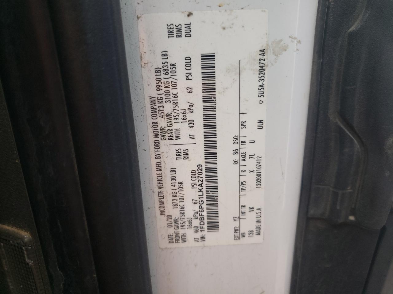 2020 Ford Transit T-350 Hd VIN: 1FDBF6PG1LKA27029 Lot: 68667825