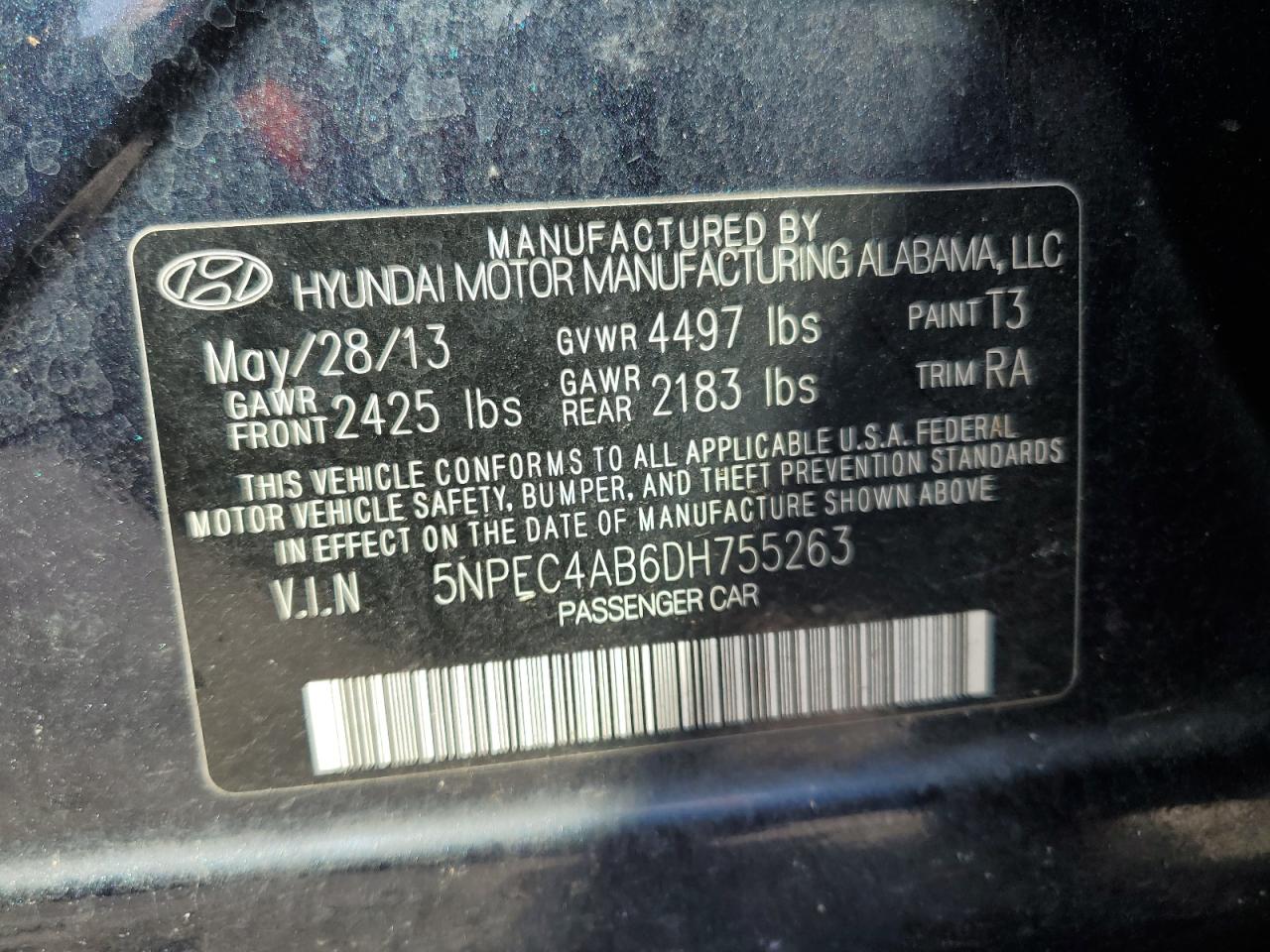 2013 Hyundai Sonata Se VIN: 5NPEC4AB6DH755263 Lot: 68895745