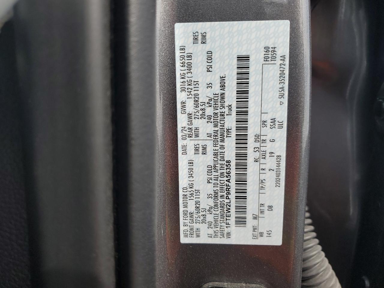 2024 Ford F150 Stx VIN: 1FTEW2LP9RFA56358 Lot: 70636465