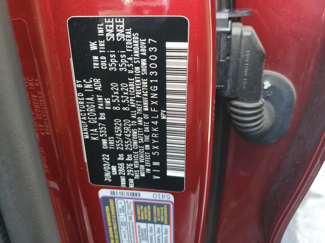 2022 Kia Sorento Sx VIN: 5XYRK4LFXNG130037 Lot: 67775295