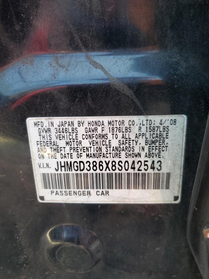 2008 Honda Fit Sport VIN: JHMGD386X8S042543 Lot: 69023505