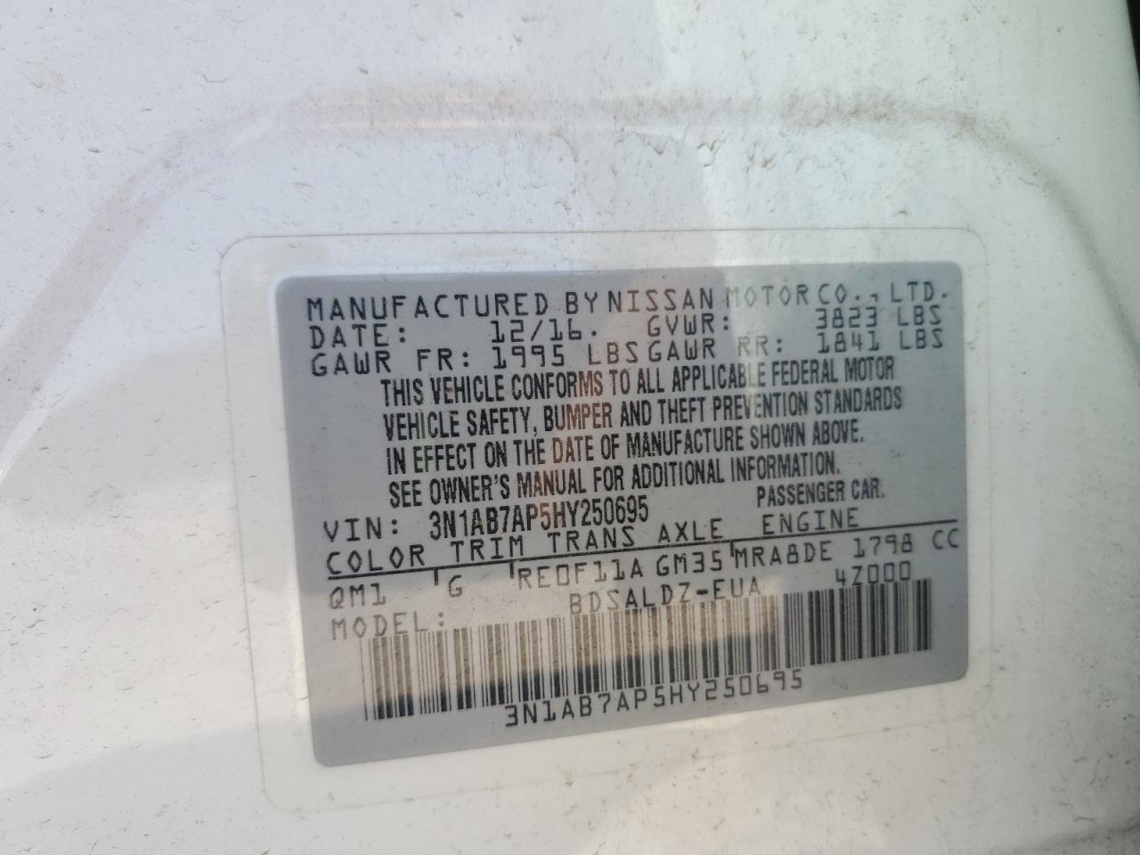 2017 Nissan Sentra S VIN: 3N1AB7AP5HY250695 Lot: 69928095