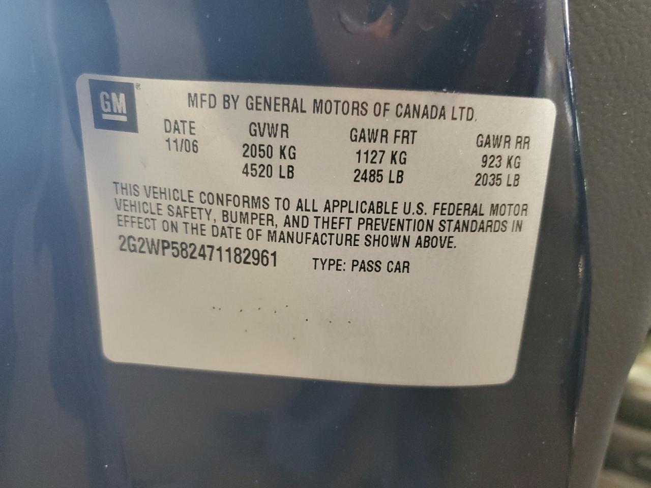 2007 Pontiac Grand Prix VIN: 2G2WP582471182961 Lot: 68096245