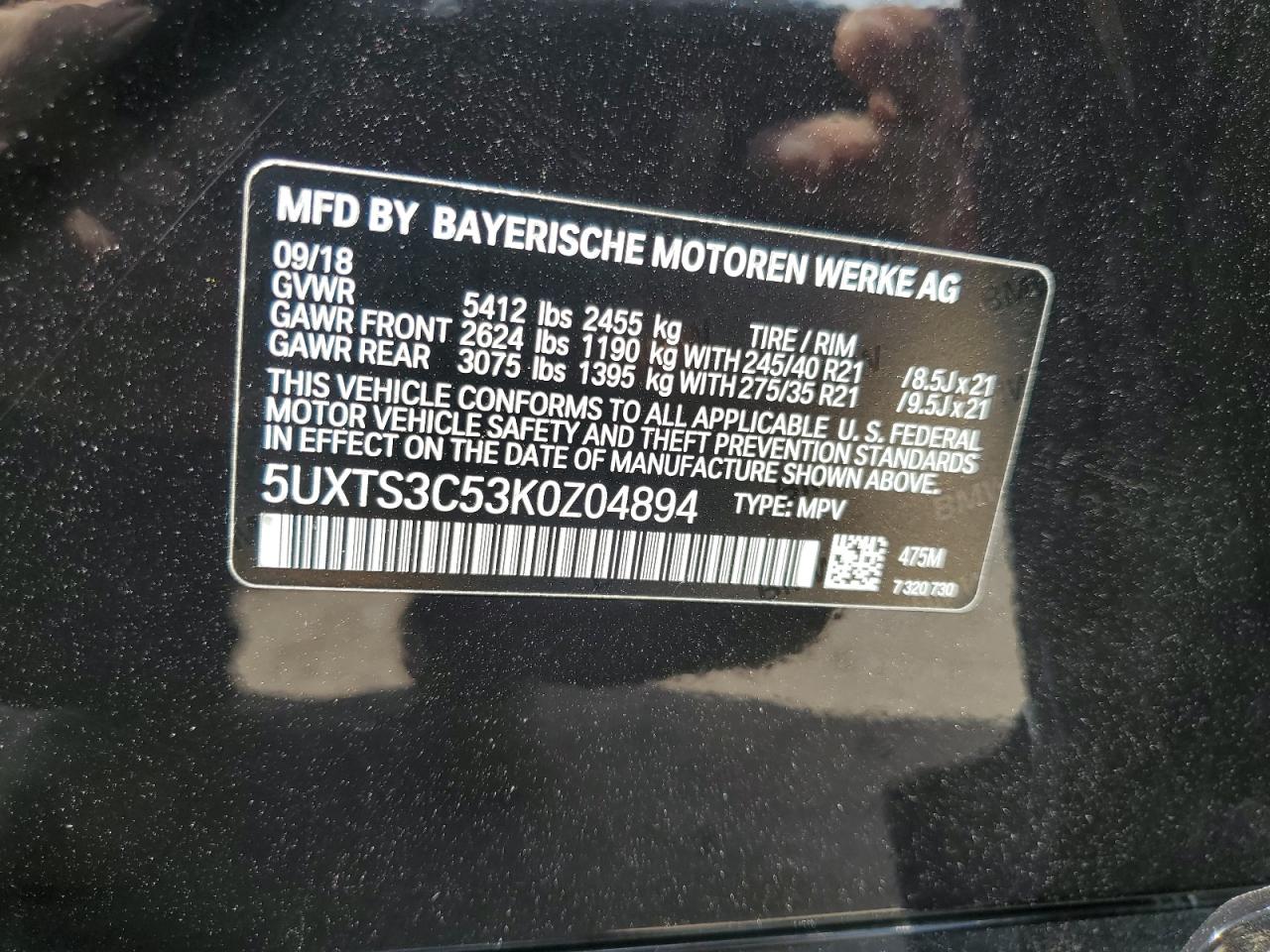 2019 BMW X3 xDrivem40I VIN: 5UXTS3C53K0Z04894 Lot: 69748485
