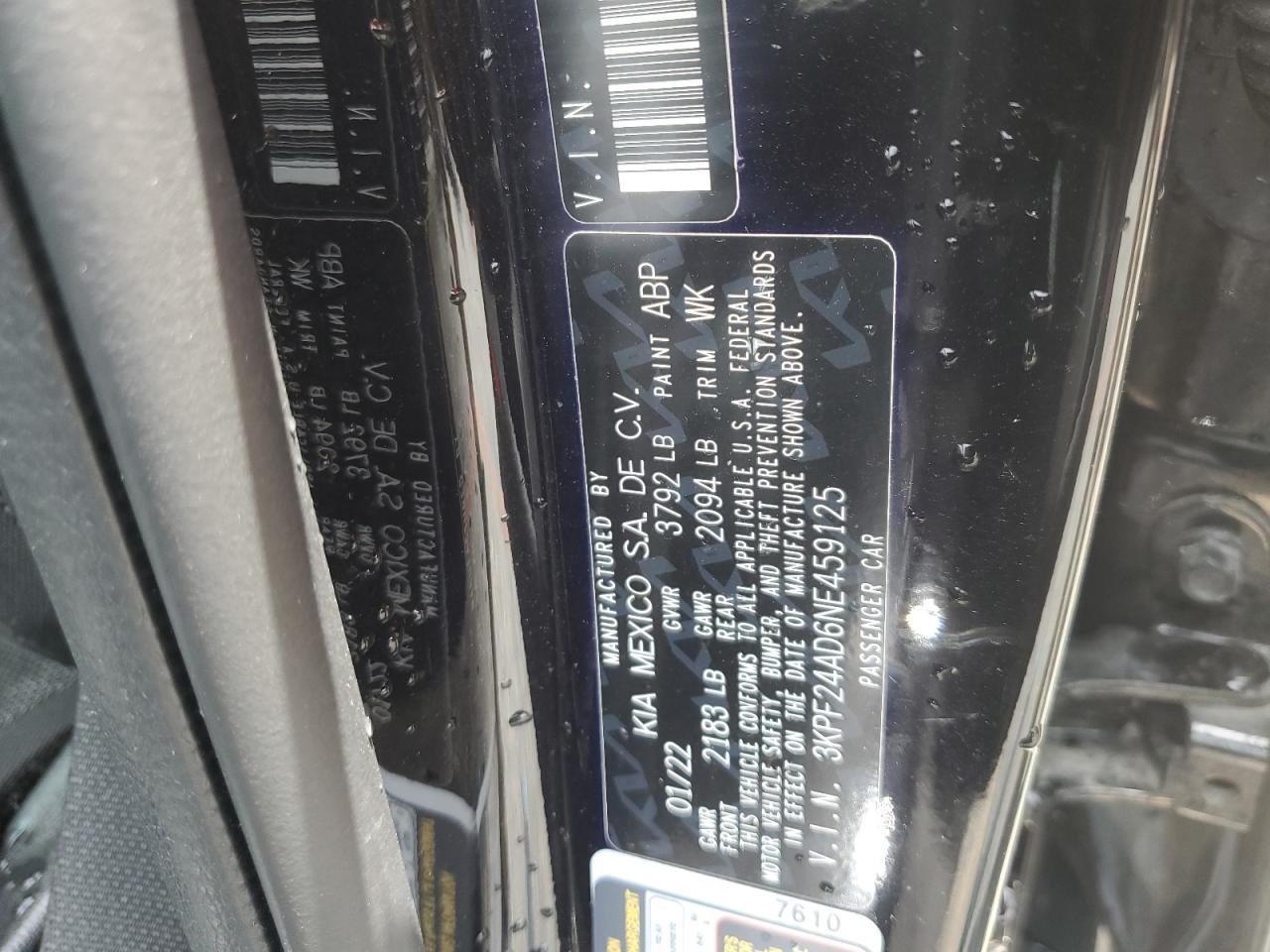 2022 Kia Forte Fe VIN: 3KPF24AD6NE459125 Lot: 68676635