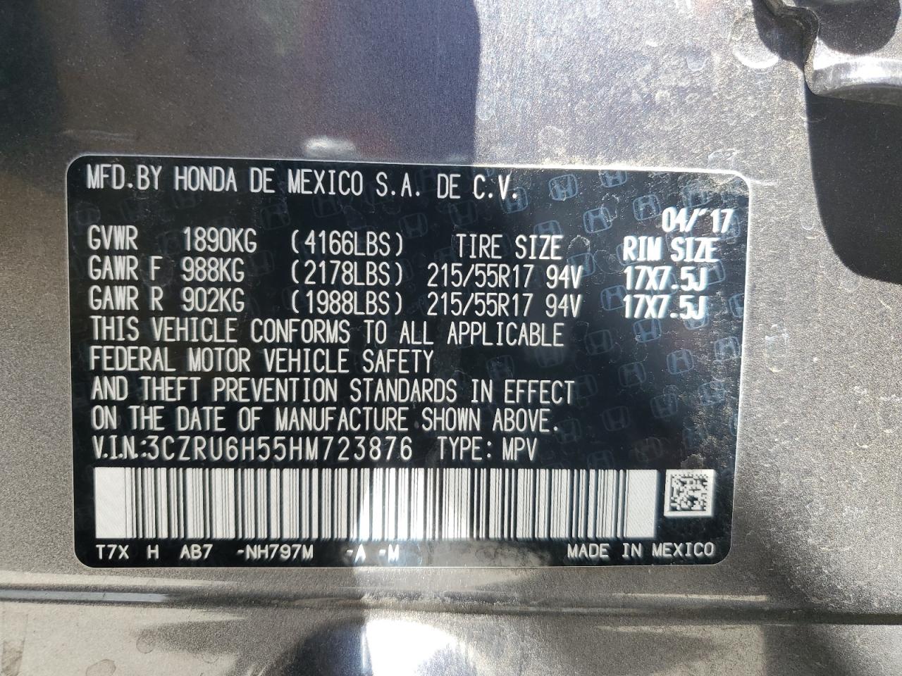 2017 Honda Hr-V Ex VIN: 3CZRU6H55HM723876 Lot: 67418245
