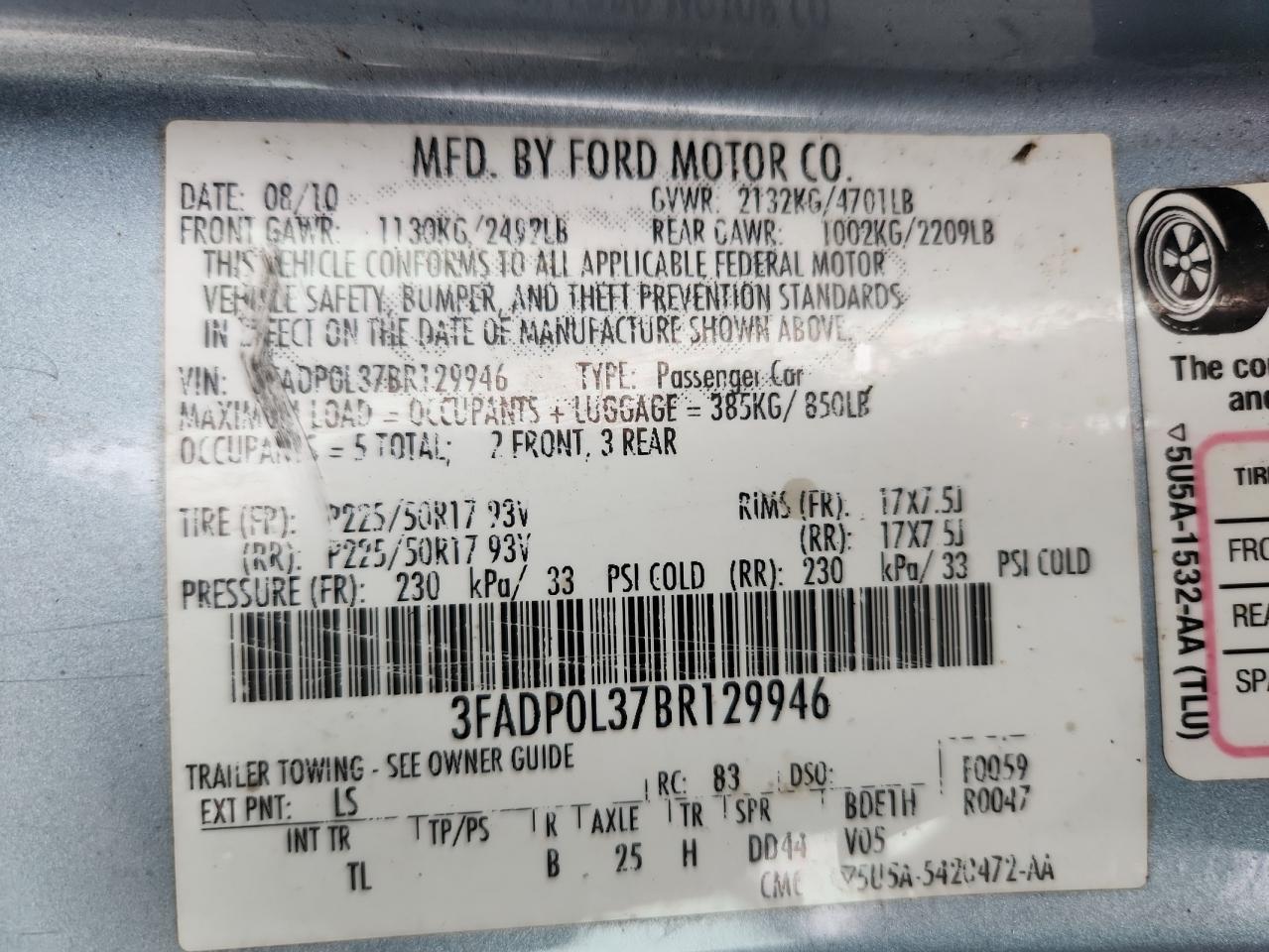 2011 Ford Fusion Hybrid VIN: 3FADP0L37BR129946 Lot: 70508385