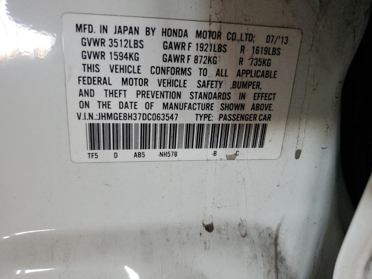 2013 Honda Fit VIN: JHMGE8H37DC063547 Lot: 70175595