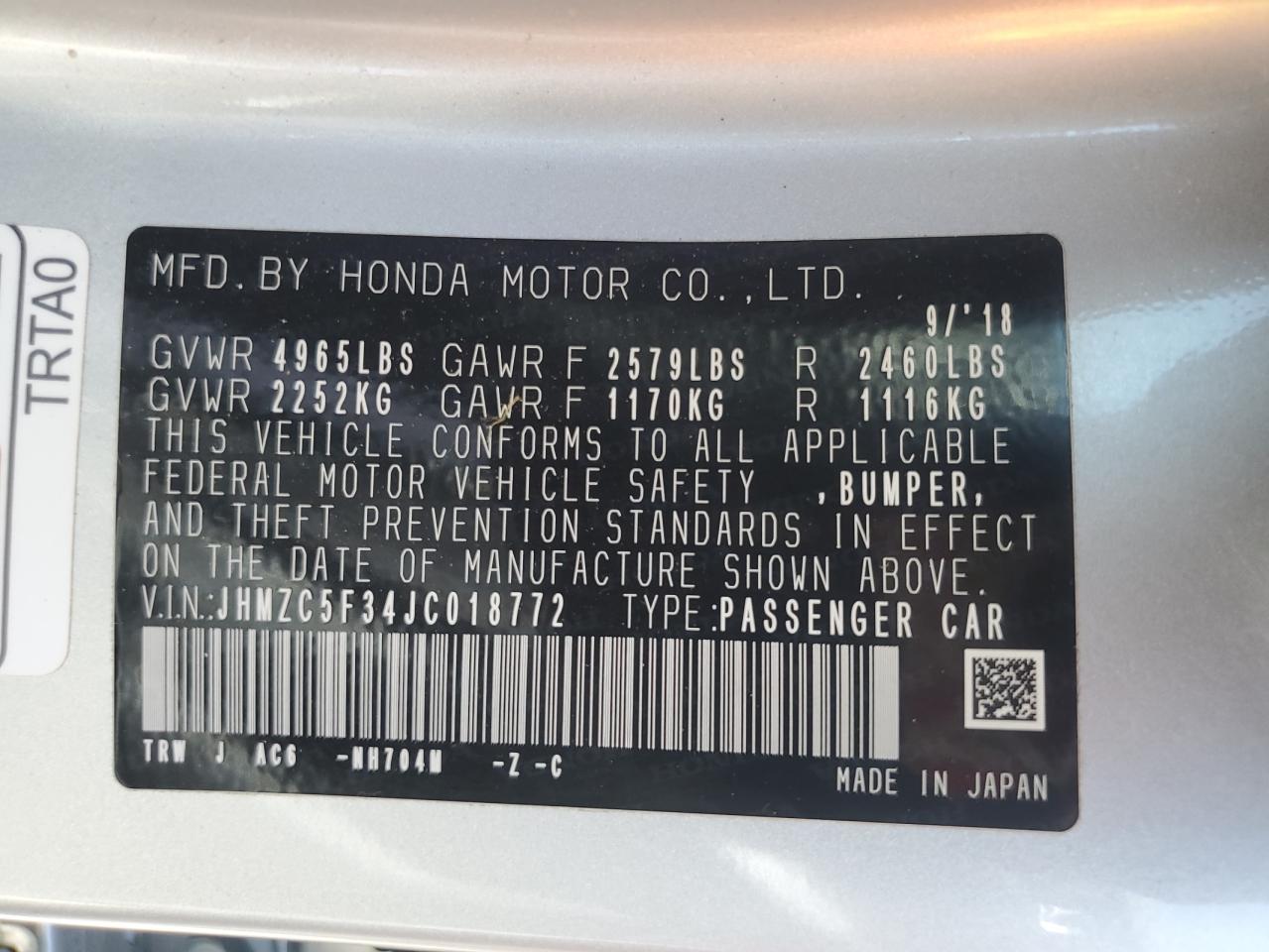 2018 Honda Clarity Touring VIN: JHMZC5F34JC018772 Lot: 80171585