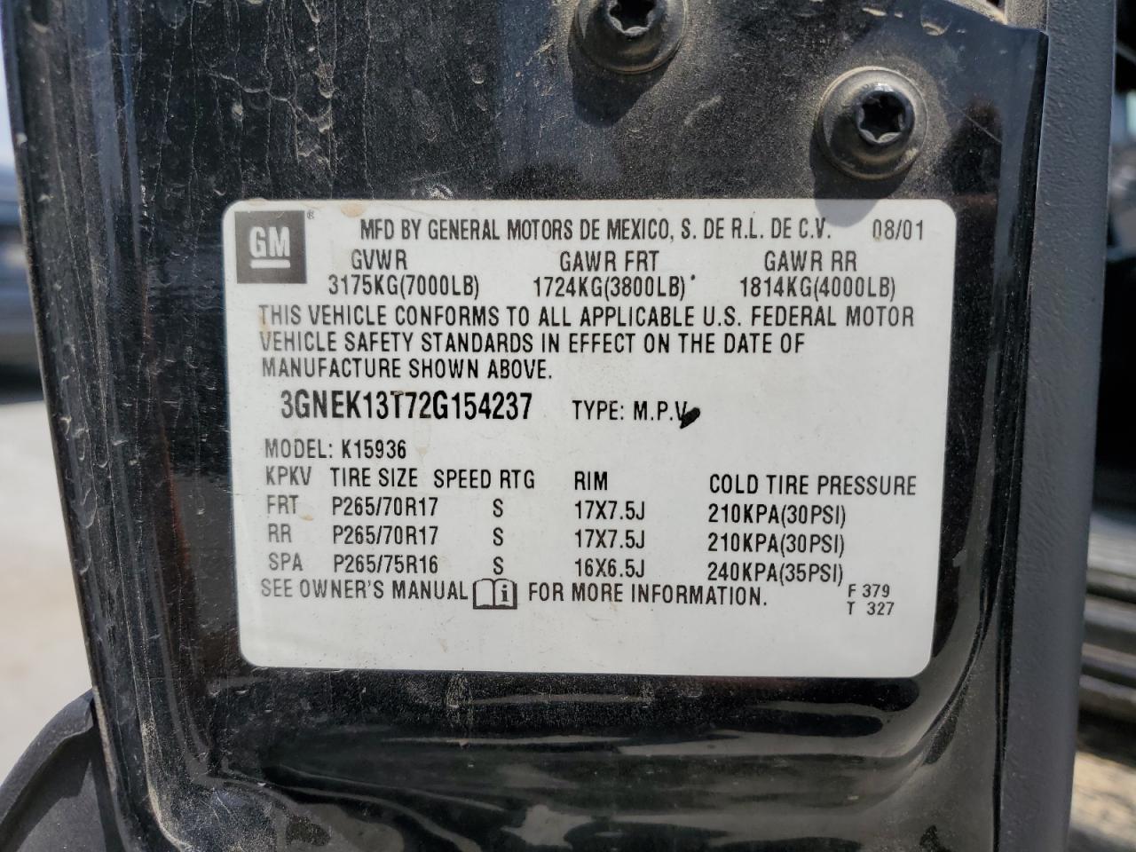 2002 Chevrolet Avalanche K1500 VIN: 3GNEK13T72G154237 Lot: 70371875