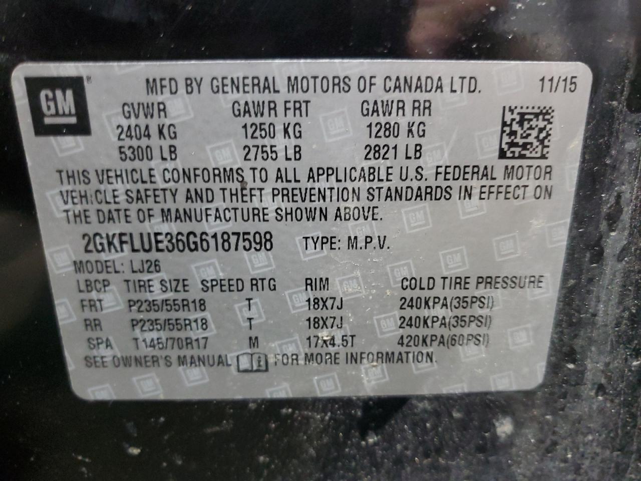 2016 GMC Terrain Slt VIN: 2GKFLUE36G6187598 Lot: 67919975