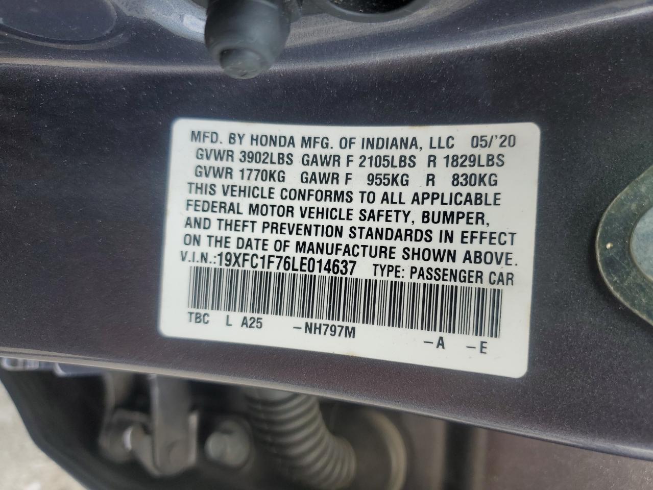 2020 Honda Civic Exl VIN: 19XFC1F76LE014637 Lot: 68830135