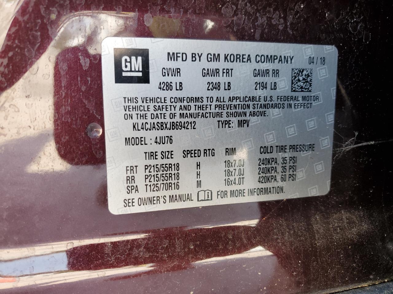 2018 Buick Encore Preferred VIN: KL4CJASBXJB694212 Lot: 69706365