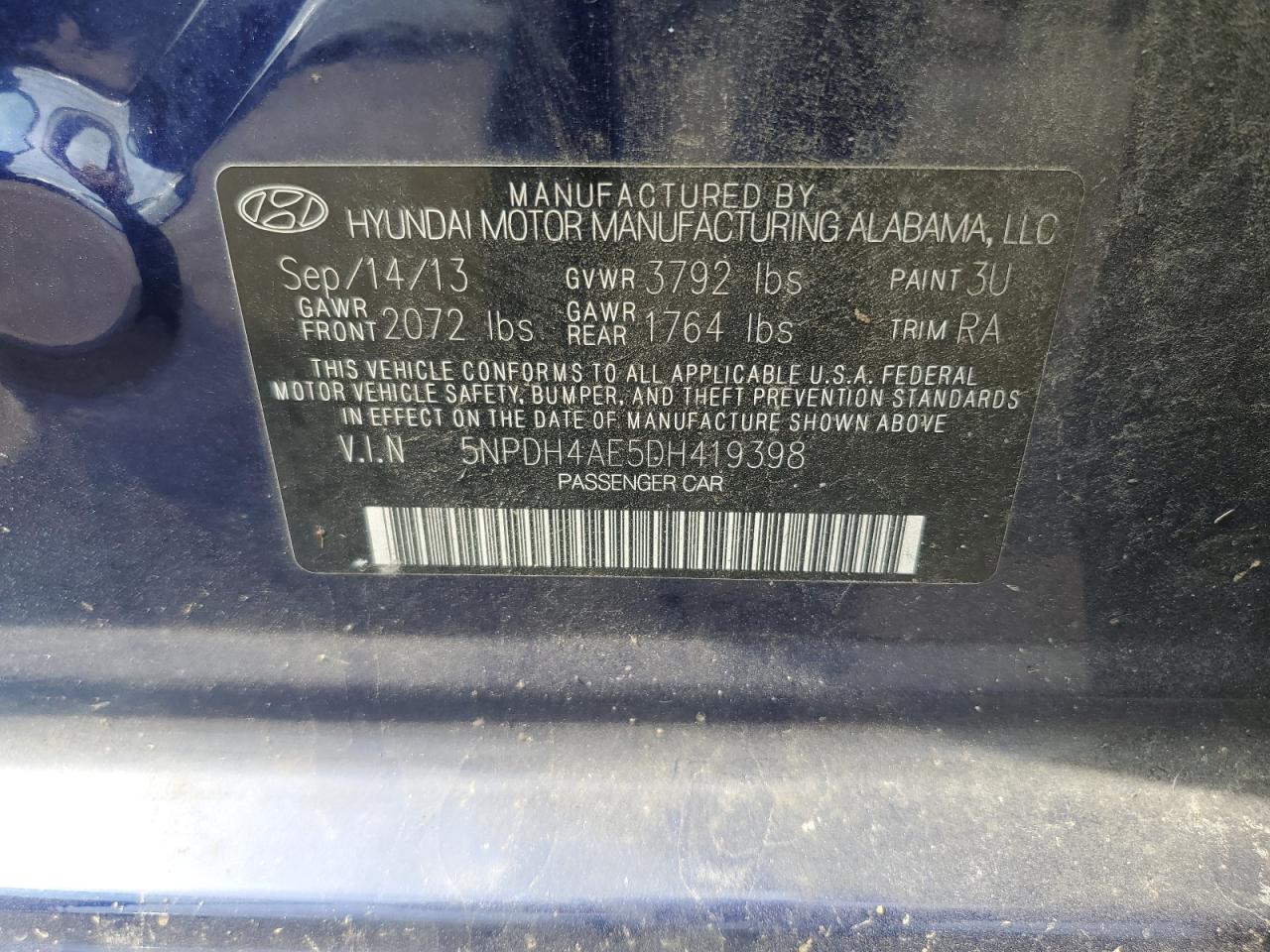 2013 Hyundai Elantra Gls VIN: 5NPDH4AE5DH419398 Lot: 68722955