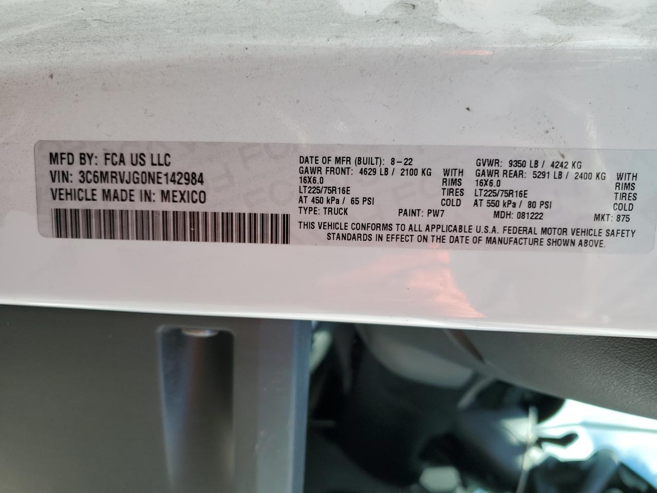 2022 Ram Promaster 3500 3500 High VIN: 3C6MRVJG0NE142984 Lot: 67973695