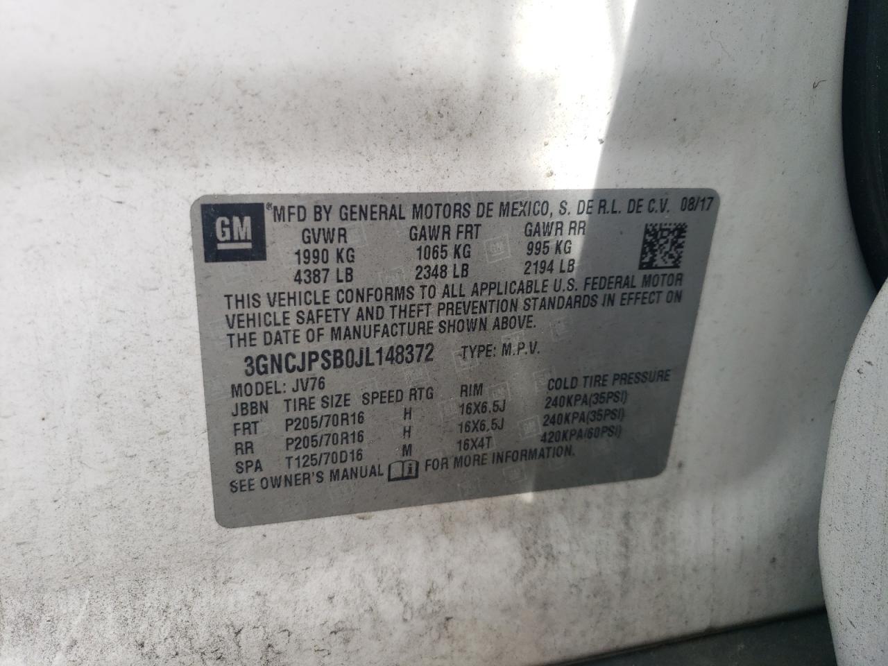 2018 Chevrolet Trax 1Lt VIN: 3GNCJPSB0JL148372 Lot: 69062015