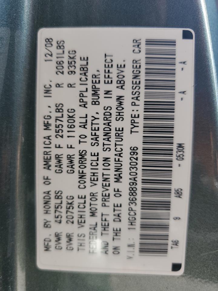 2009 Honda Accord Exl VIN: 1HGCP36889A030296 Lot: 69909935