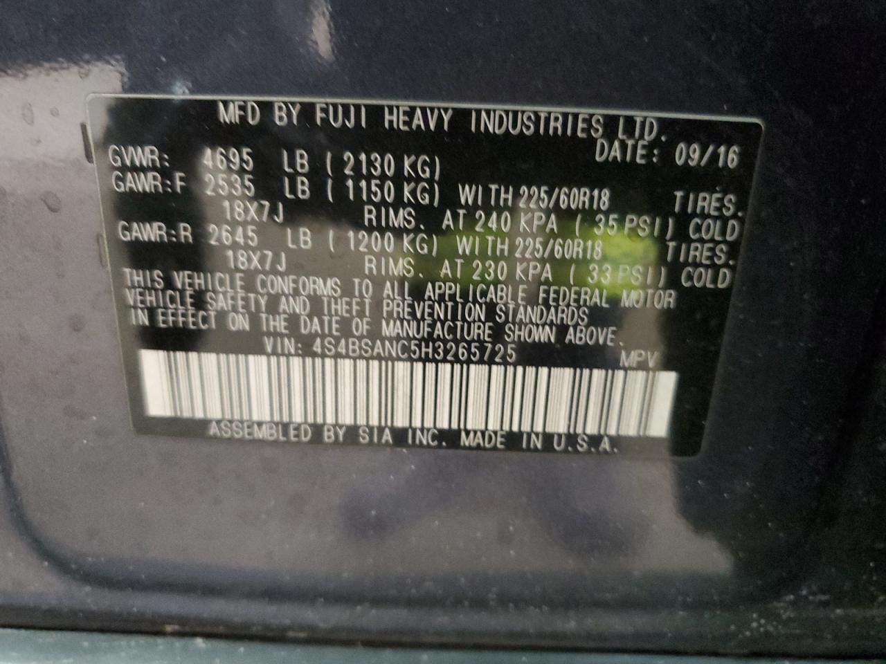 2017 Subaru Outback 2.5I Limited VIN: 4S4BSANC5H3265725 Lot: 69869615