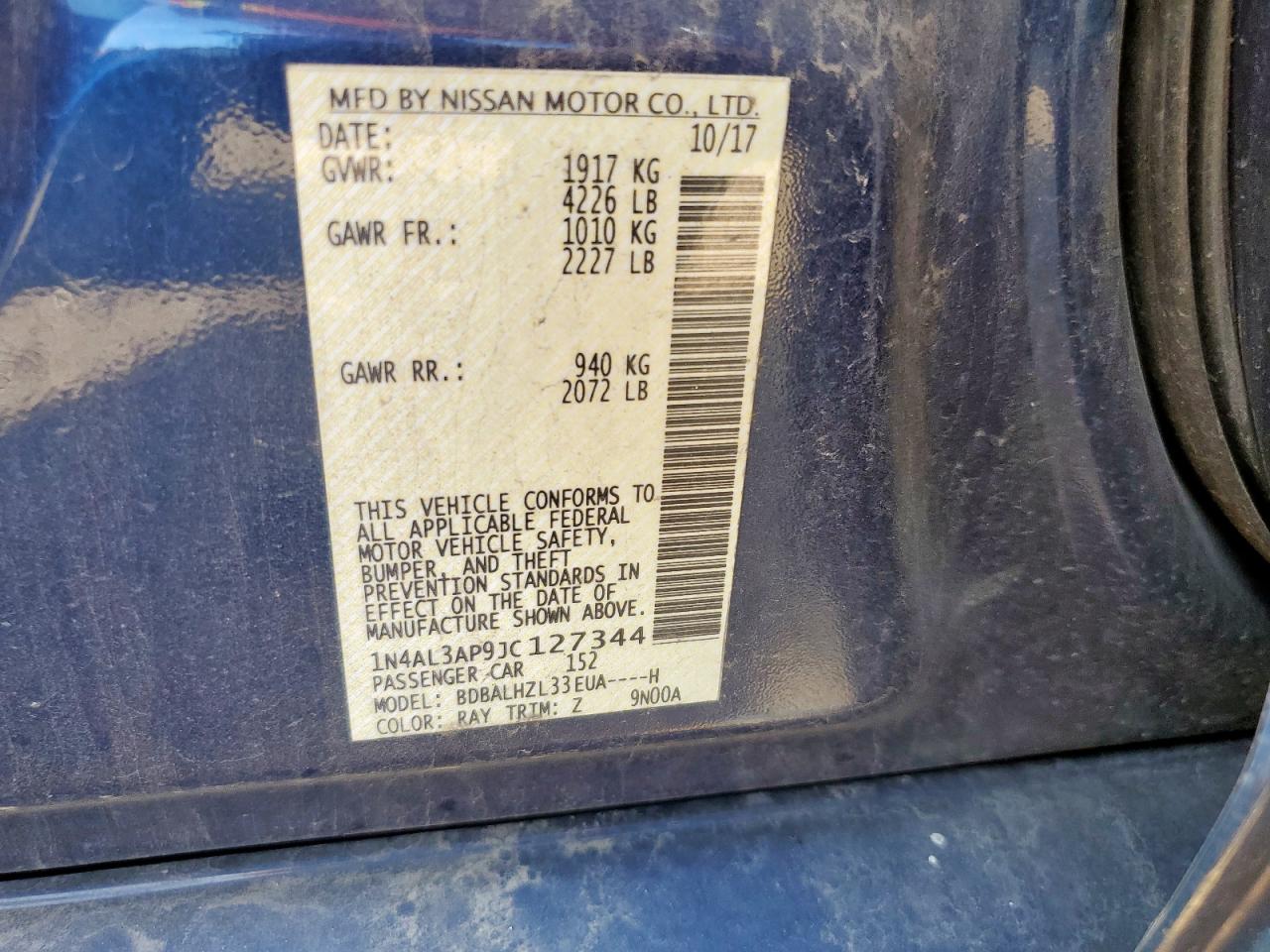 2018 Nissan Altima 2.5 VIN: 1N4AL3AP9JC127344 Lot: 68846135