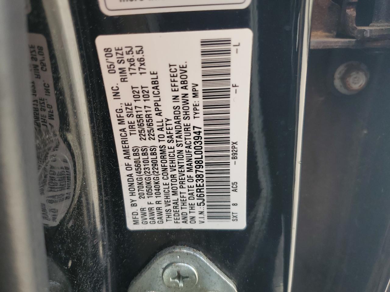 2008 Honda Cr-V Exl VIN: 5J6RE38798L003947 Lot: 70286145