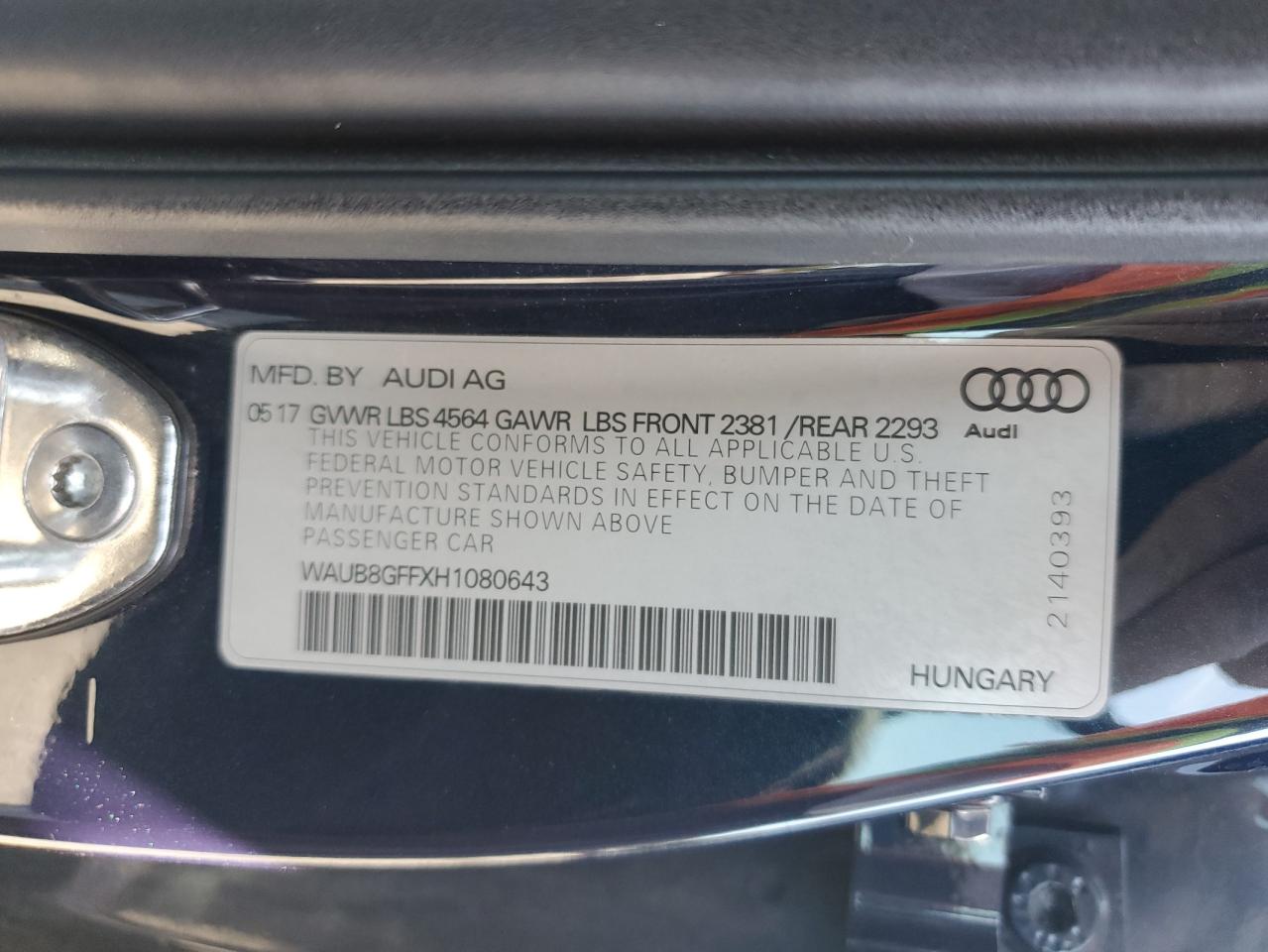 2017 Audi A3 Premium VIN: WAUB8GFFXH1080643 Lot: 70255625