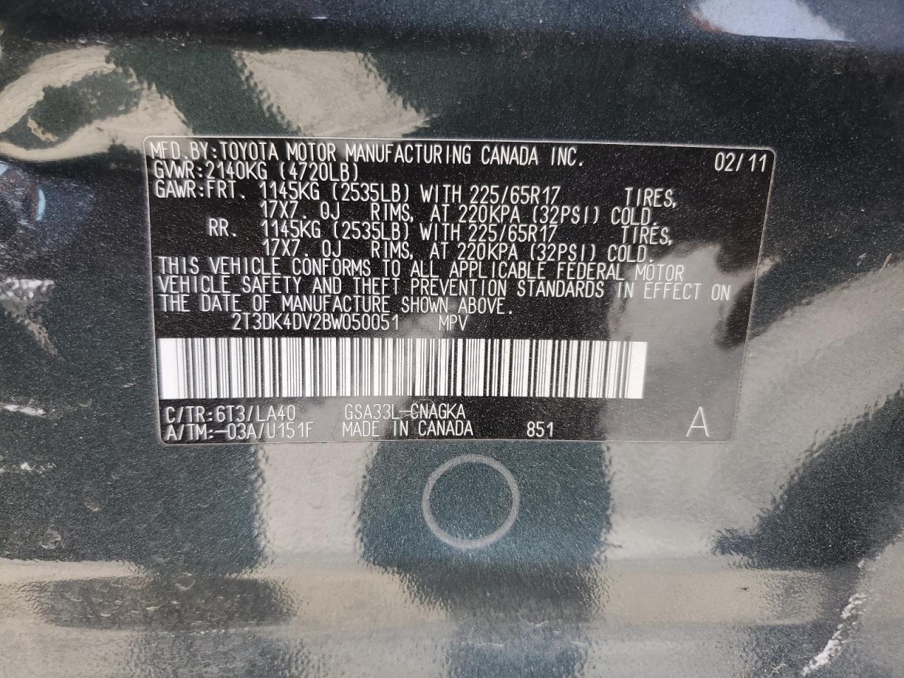 2011 Toyota Rav4 Limited VIN: 2T3DK4DV2BW050051 Lot: 70416425