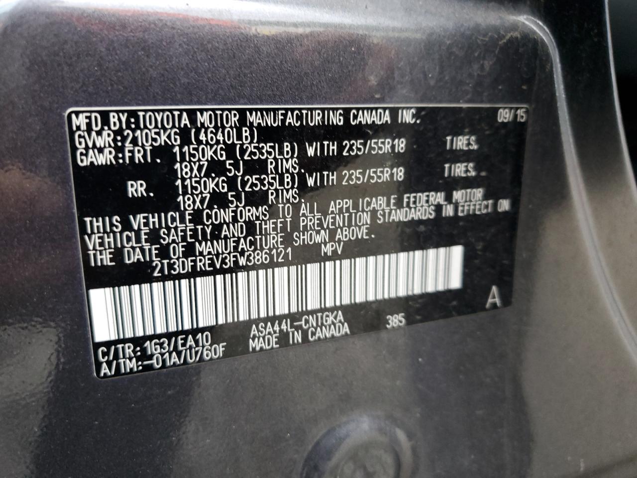 2T3DFREV3FW386121 2015 Toyota Rav4 Limited