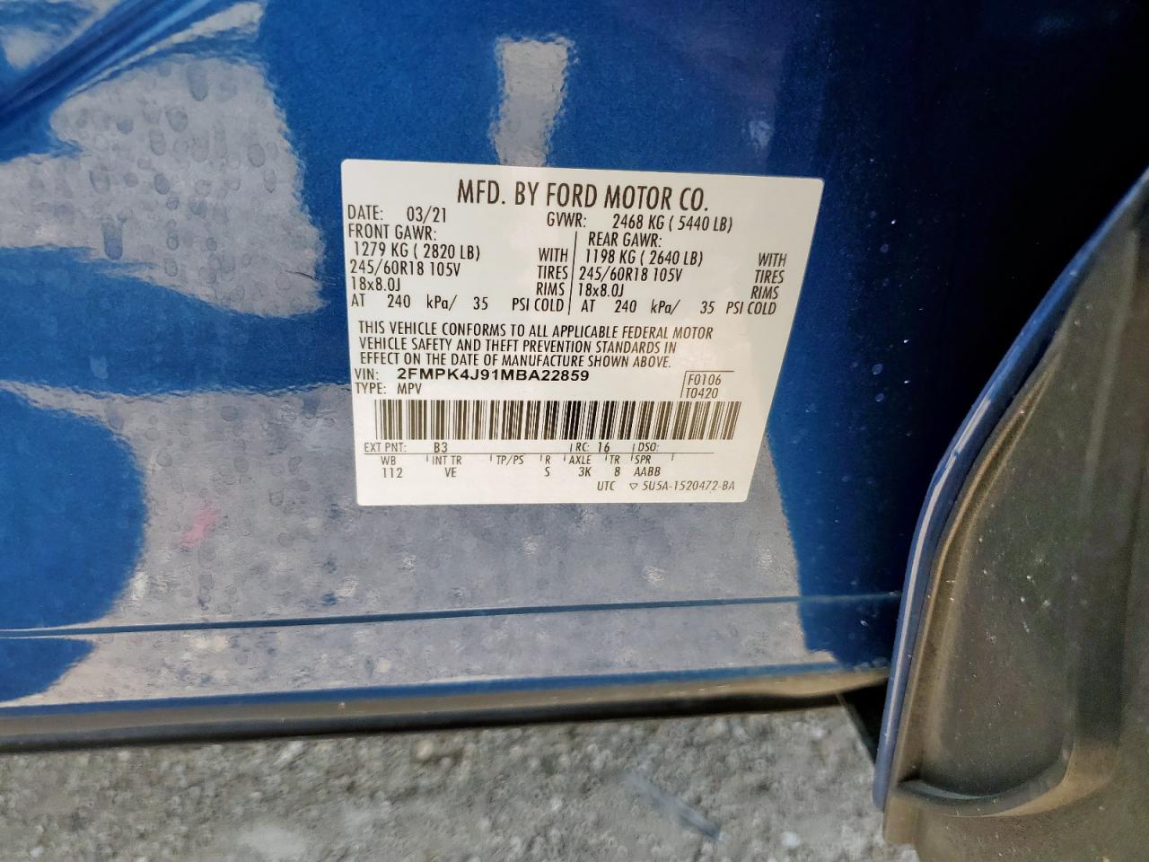 2021 Ford Edge Sel VIN: 2FMPK4J91MBA22859 Lot: 70030845