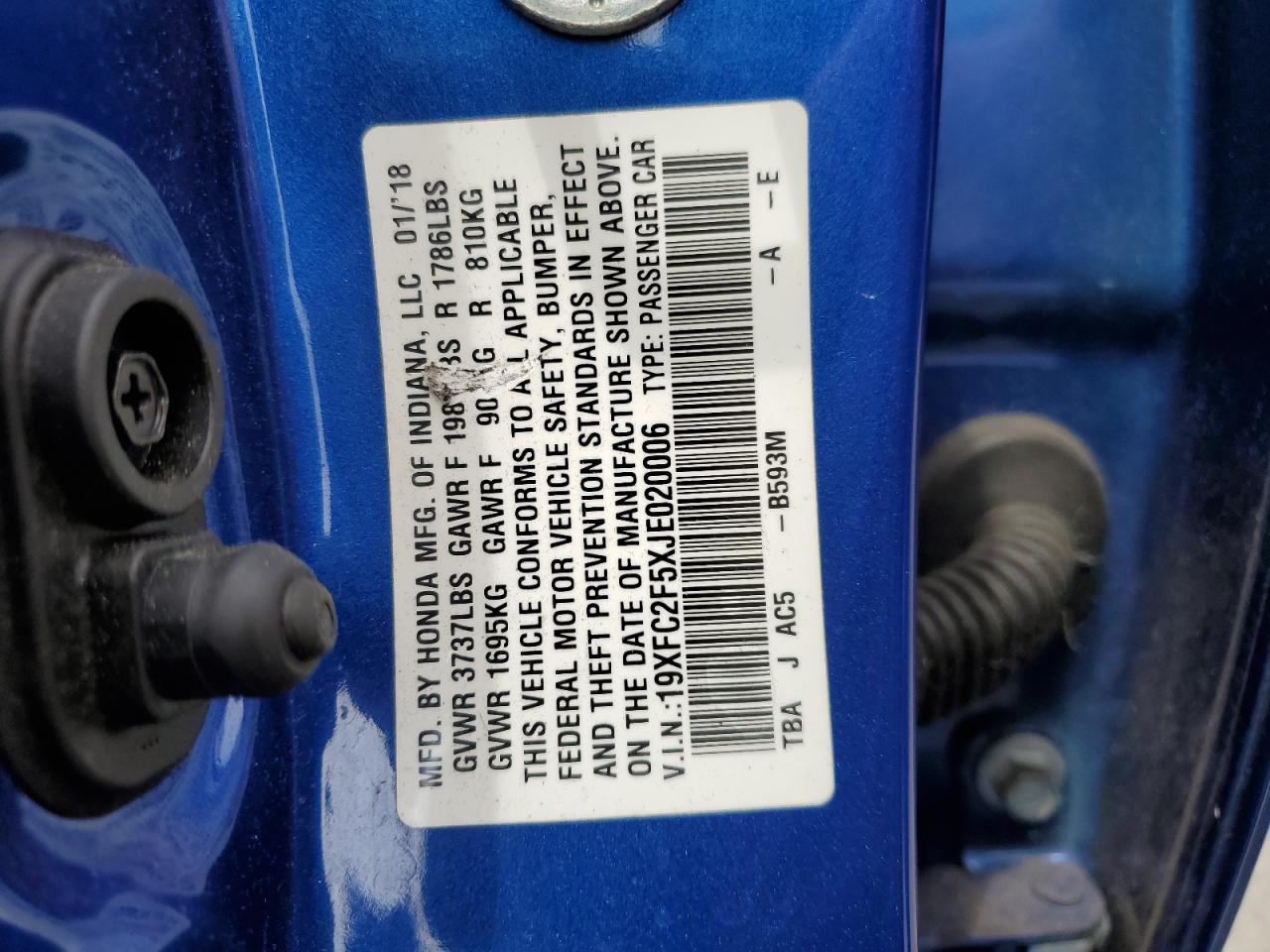 2018 Honda Civic Lx VIN: 19XFC2F5XJE020006 Lot: 69866765