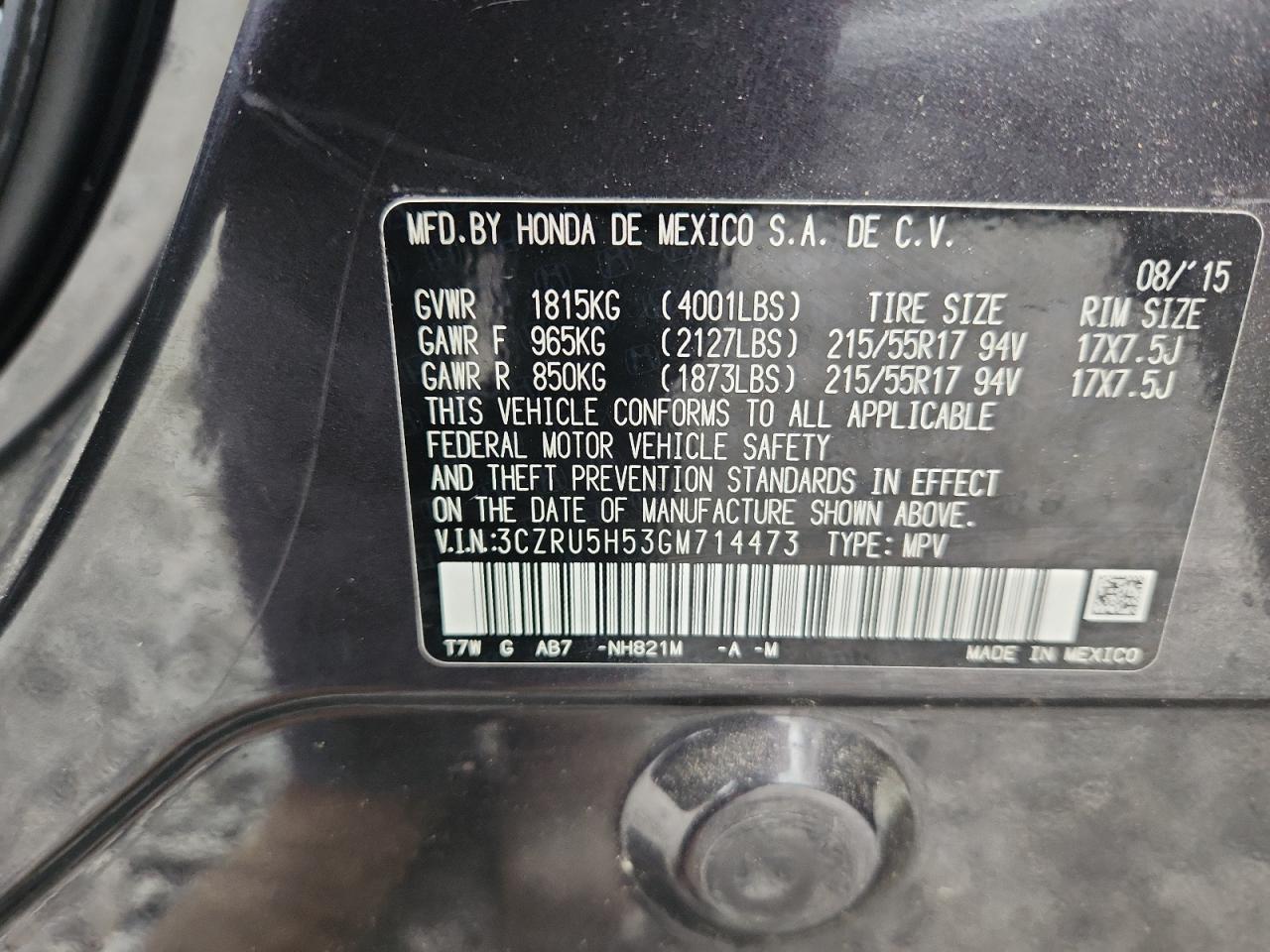 2016 Honda Hr-V Ex VIN: 3CZRU5H53GM714473 Lot: 70063495