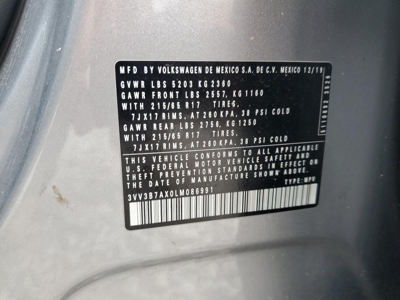 2020 Volkswagen Tiguan Se VIN: 3VV3B7AX0LM086991 Lot: 67039875