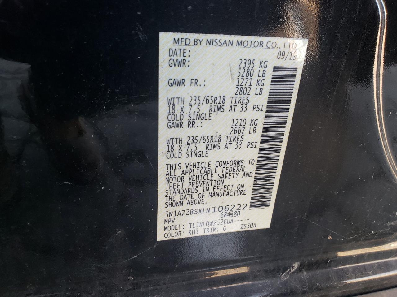 2020 Nissan Murano Sv VIN: 5N1AZ2BSXLN106222 Lot: 68660845