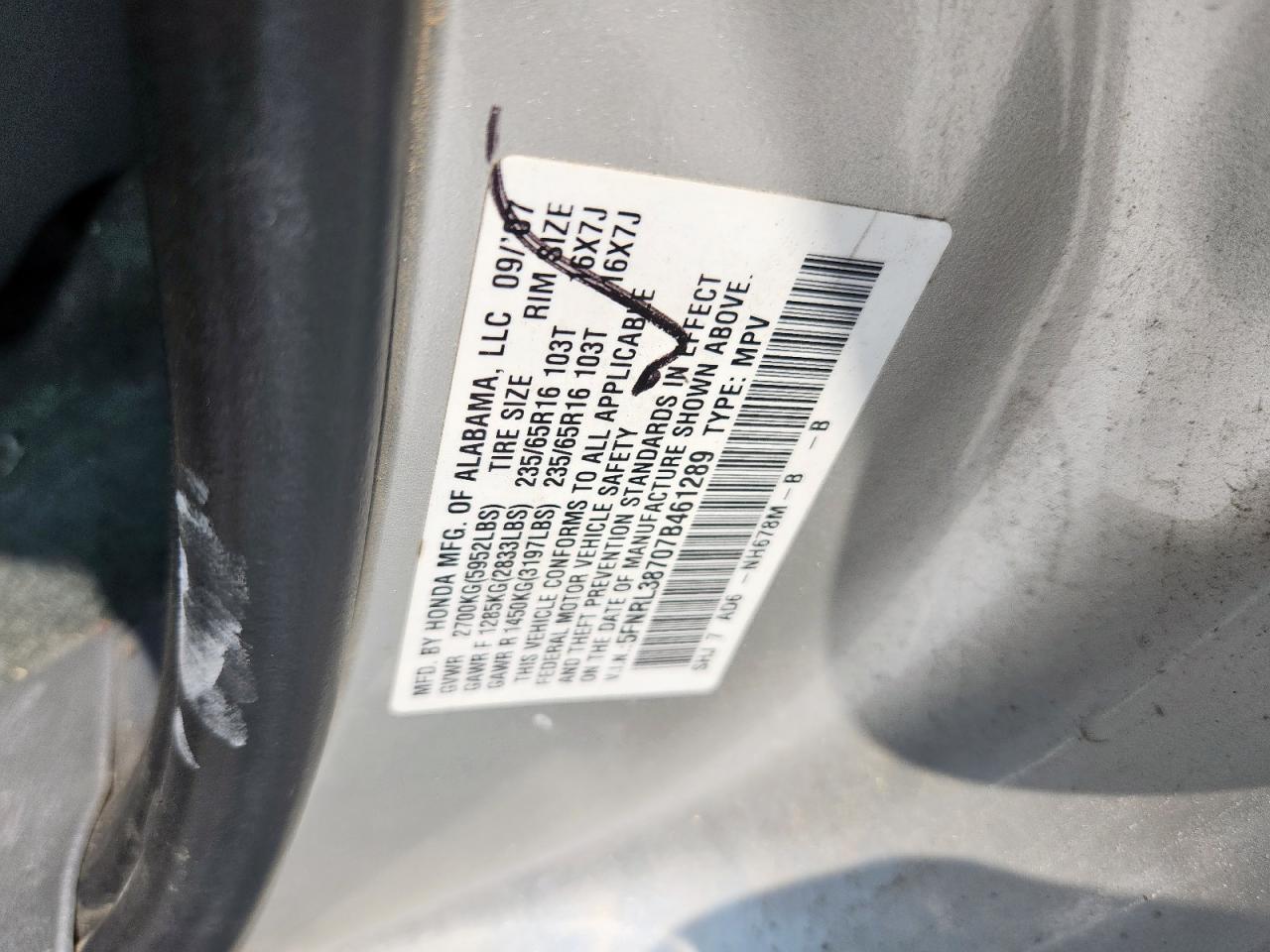 2007 Honda Odyssey Exl VIN: 5FNRL38707B461289 Lot: 69886085