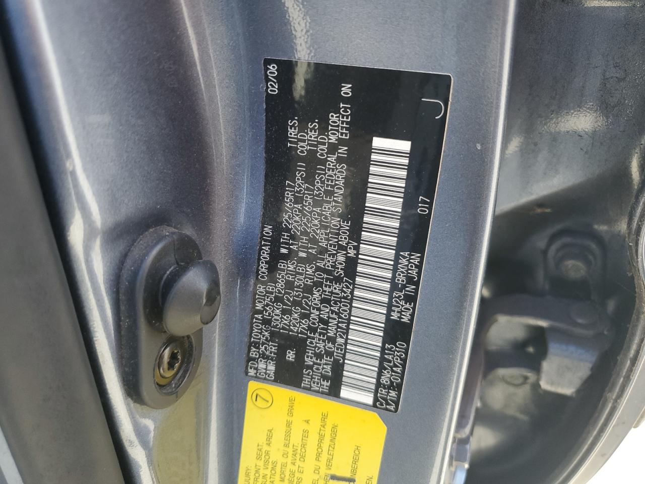 2006 Toyota Highlander Hybrid VIN: JTEDW21A160013427 Lot: 65050295