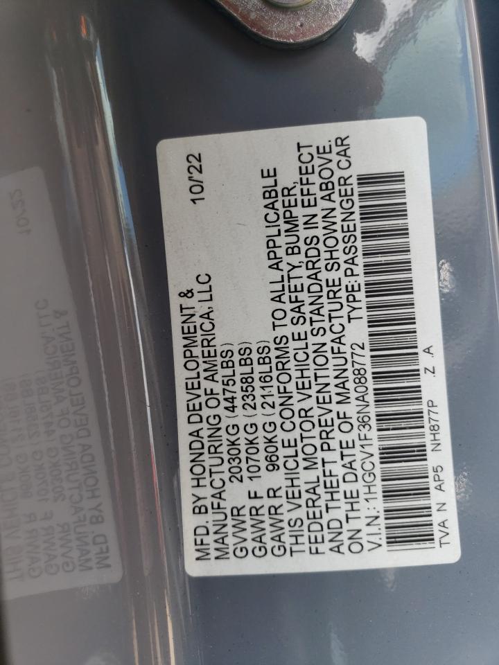 2022 Honda Accord Sport VIN: 1HGCV1F36NA088772 Lot: 69617655