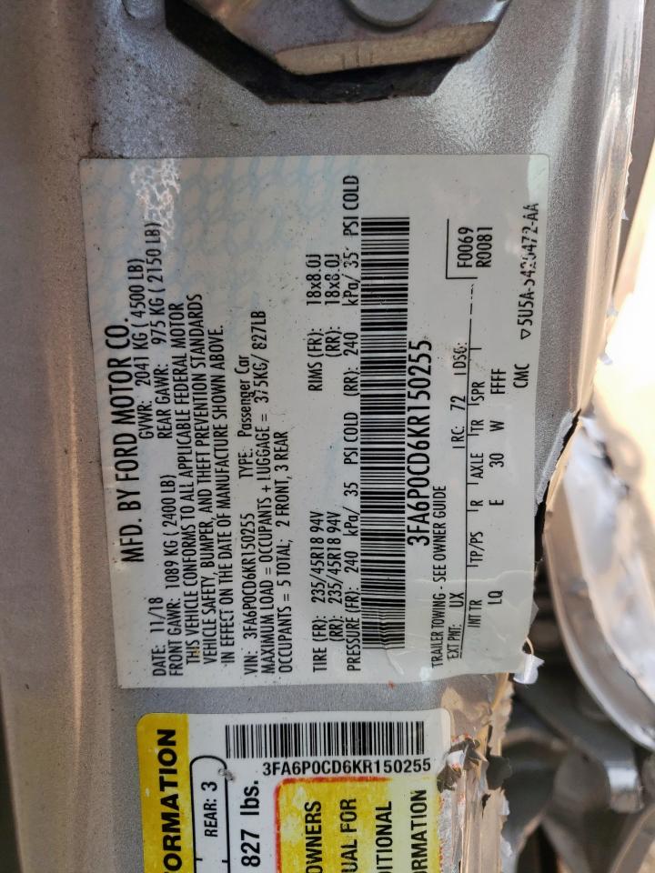 2019 Ford Fusion Sel VIN: 3FA6P0CD6KR150255 Lot: 67766985