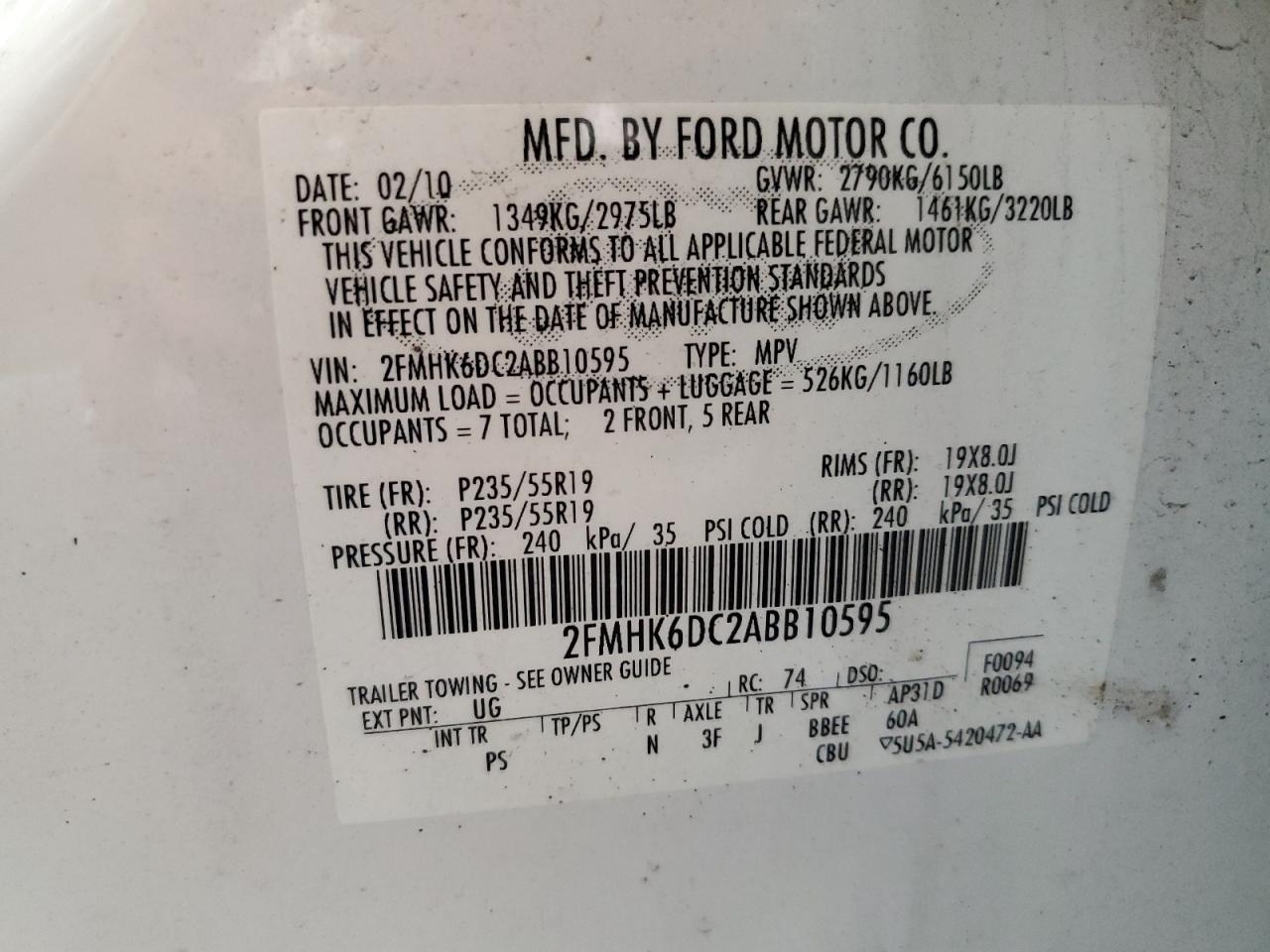 2010 Ford Flex Limited VIN: 2FMHK6DC2ABB10595 Lot: 69087105