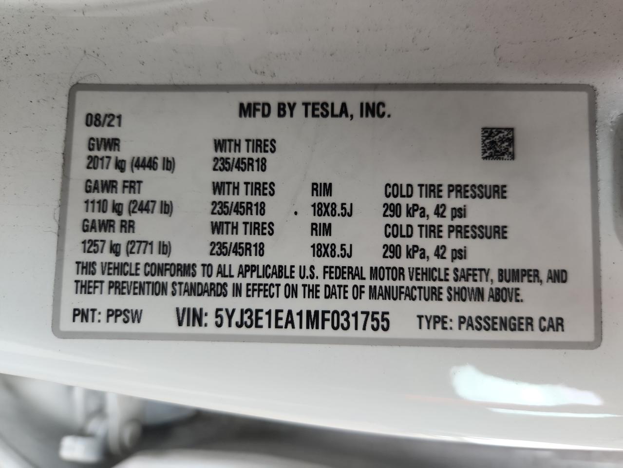 2021 Tesla Model 3 VIN: 5YJ3E1EA1MF031755 Lot: 70650865