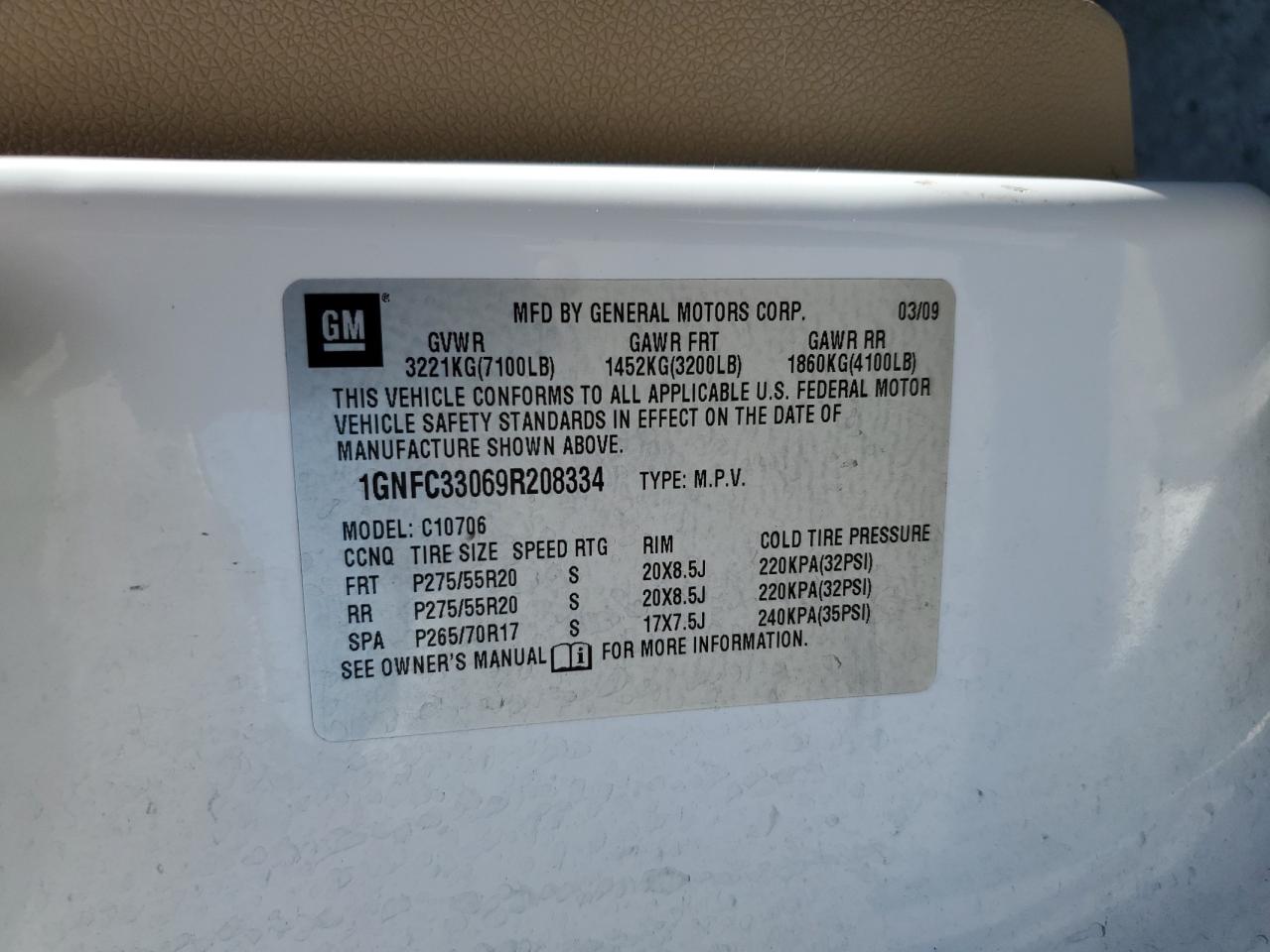 2009 Chevrolet Tahoe C1500 Ltz VIN: 1GNFC33069R208334 Lot: 69048845
