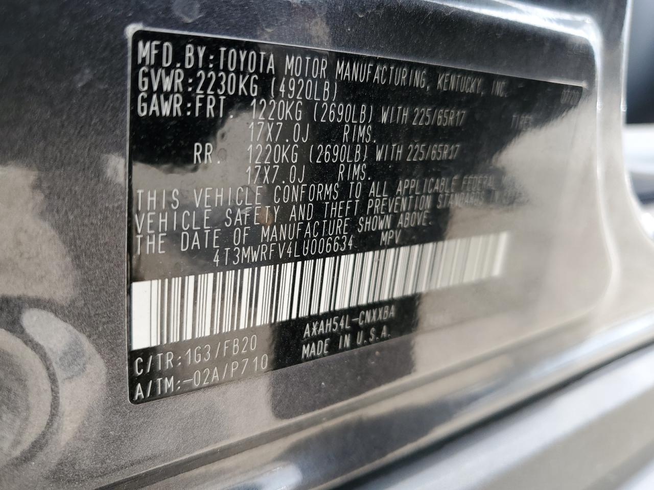 2020 Toyota Rav4 Le VIN: 4T3MWRFV4LU006634 Lot: 67274315