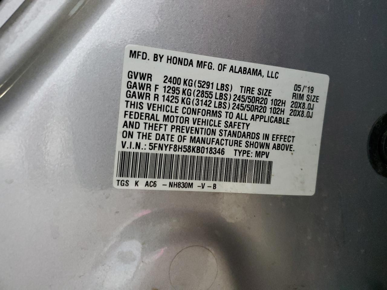 2019 Honda Passport Exl VIN: 5FNYF8H58KB018346 Lot: 68820475