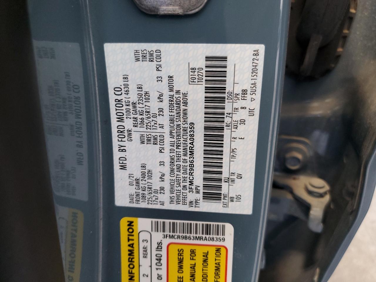 2021 Ford Bronco Sport Big Bend VIN: 3FMCR9B63MRA08359 Lot: 69821615