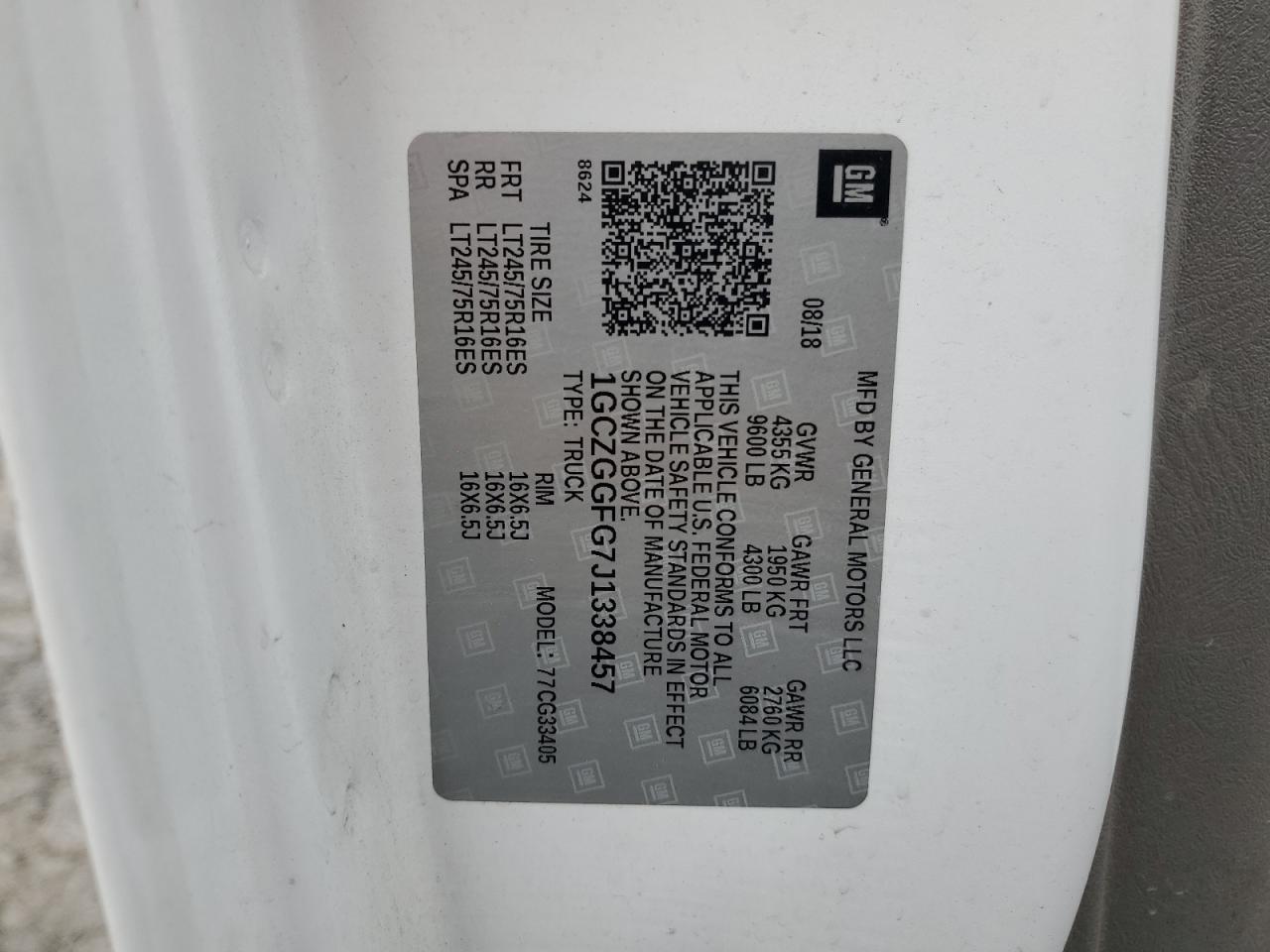 2018 Chevrolet Express G3500 VIN: 1GCZGGFG7J1338457 Lot: 66608555